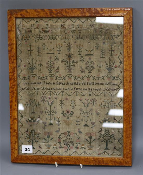 A maple framed early 19th century sampler 38.5 x 30cm